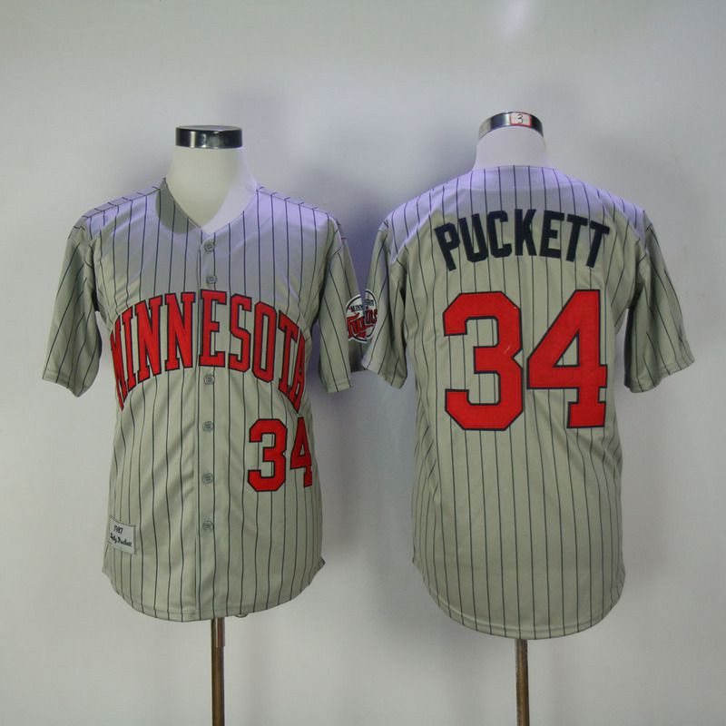 2017 Men MLB Minnesota Twins #34 Puckett Grey Throwback Jerseys->atlanta braves->MLB Jersey